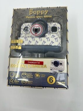 NIB XO Poppy White Digital insta-print Camera with Blue ribbon Accents
